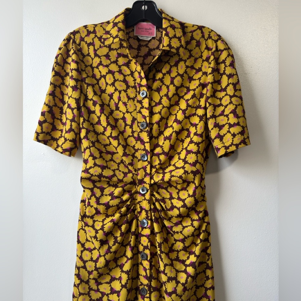 Kate Spade New York Sunny Bloom Ruched Front Shirt Yellow Patterned Dress Sz 2 - Picture 6 of 10